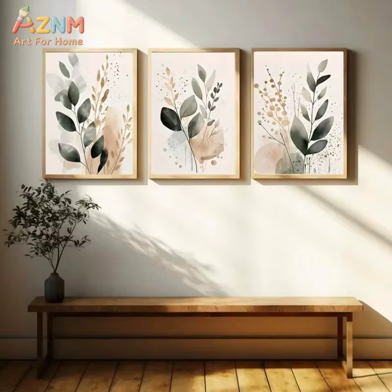 3er-Set AZNM Leinwandbilder mit Eukalyptusblättern in Salbeigrün und Beige, minimalistische Boho-Botanik-Prints im Aquarell-Stil - Bild 2