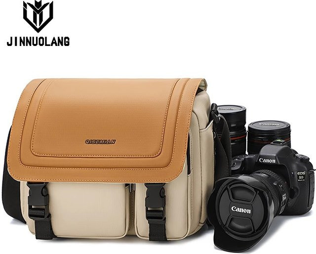 Leichte JINNUOLANG Einschulter-Kameratasche für SLR-Kameras zum Reisen in Orange und Beige - Bild 1