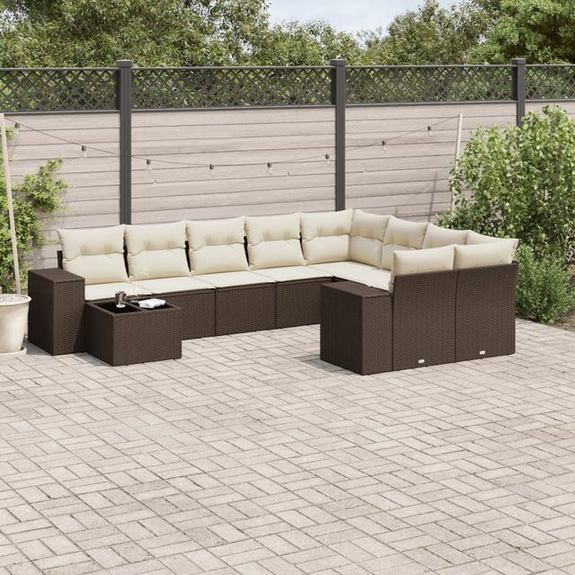 vidaXL 10-tlg. Garten-Sofagarnitur in L-Form aus braunem Polyrattan mit cremeweißen Kissen und Metallrahmen - Bild 3