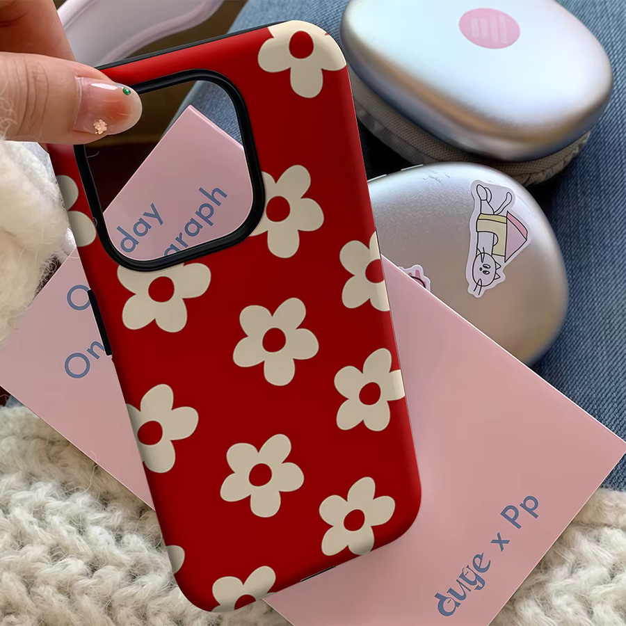 Potdemiel Handyhülle Crimson Cream Petal Pattern mit doppelschichtiger Rückseite für iPhone 17 16 15 14 13 12 Pro Max Plus in Rot und Weiß - Bild 5
