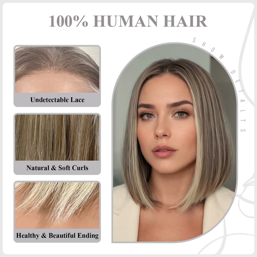 HAIRCUBE Bob Perücke, grau braun blond gemischt, HD transparente Spitze, Damen - Bild 2