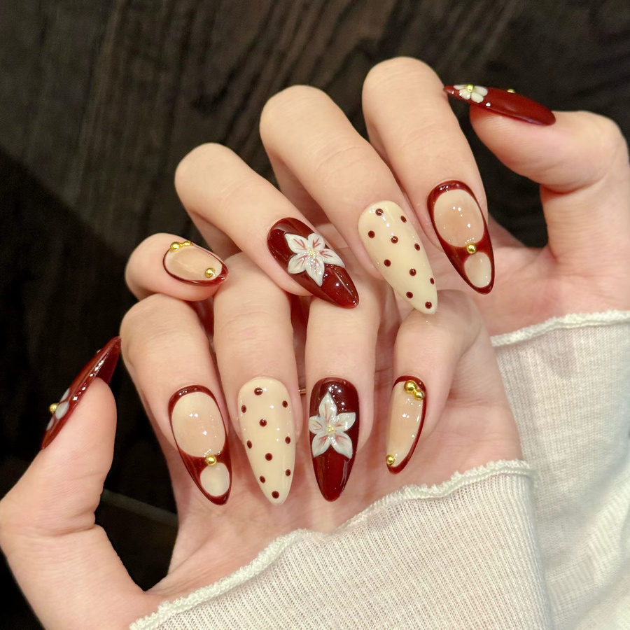 YADORNOS Press on Nails, rot, 3D Blütenblätter Design, glänzend - Bild 2