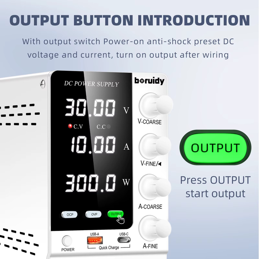 Boruidy Labornetzteil Einstellbar 30 V 10 A DC-Schaltnetzteil mit OCP/OVP, Encoder-Steuerung und USB-A/Typ-C Anschlüssen - Bild 5