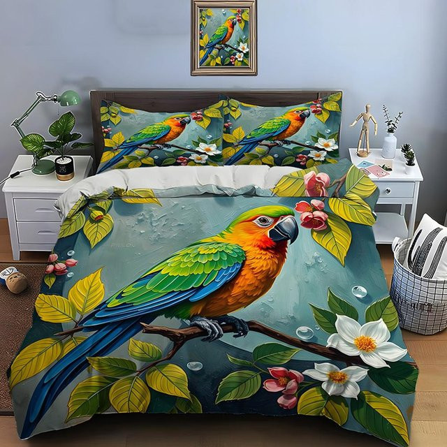 Bettwäsche-Set Flylo mit buntem Papagei und floralem Ast-Print, mehrfarbig, B/H: 200 x 200 cm - Bild 1