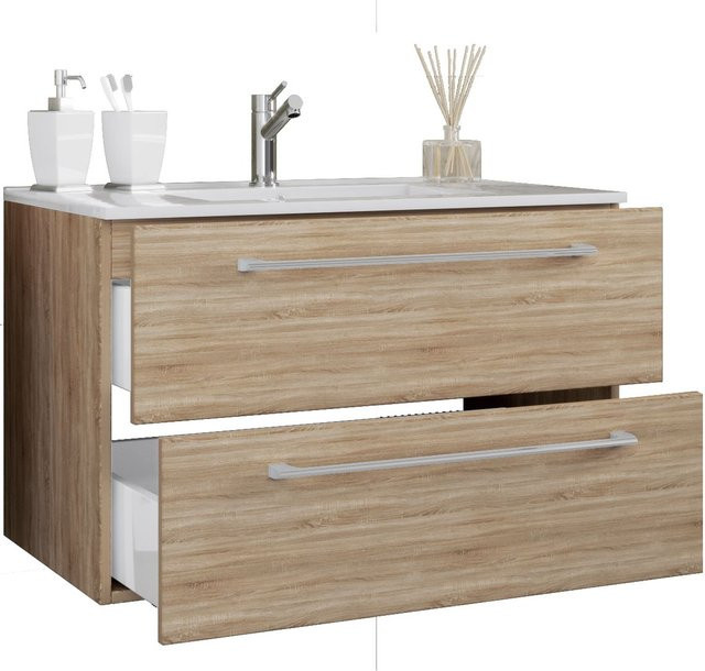 VCM Badinos 2-tlg. Badmöbel Set hängend mit Waschbecken aus Keramik und Unterschrank mit zwei Schubladen, Weiß/Eiche, B/H/T: 81 x 52 x 46 cm - Bild 1