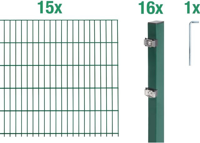 Metallzaun Grund-Set Doppelstabmatte aus Stahl, grün beschichtet, Höhe: 80 cm, Breite: 200 cm, Gesamtlänge: 15 m - Bild 1