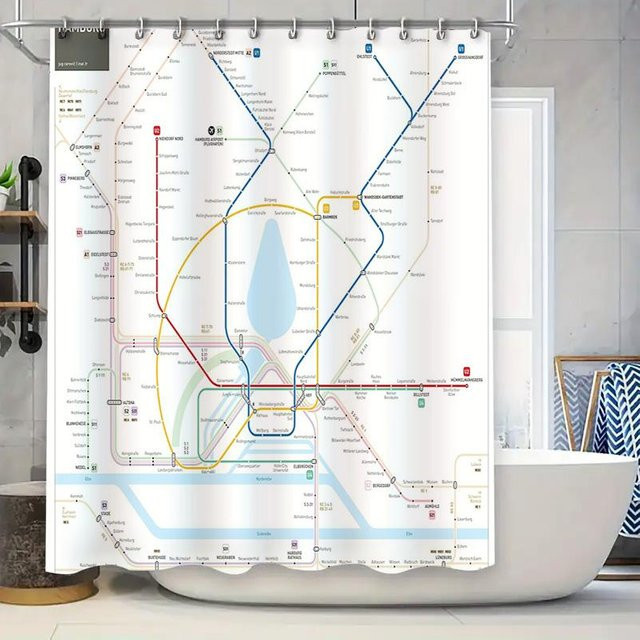 Wasserfester Duschvorhang mit Vintage U-Bahn-Karte Design aus Polyester, Mehrfarbig, B: 150 cm, H: 180 cm - Bild 1