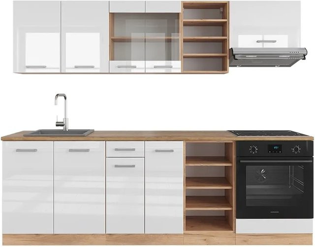 Vicco R-Line Küchenzeile Weiß Hochglanz und Eiche, Breite: 240 cm - Bild 1