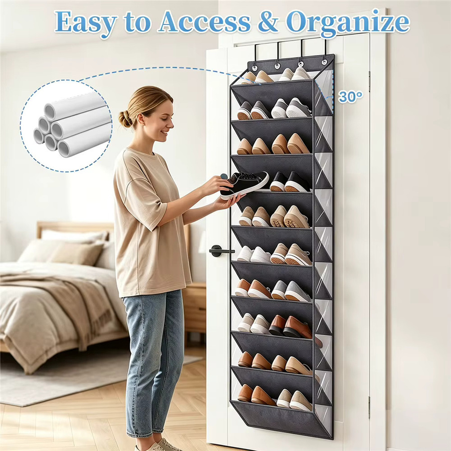 HGTUGO 10-stufiger Schuh-Organizer zum Aufhängen in Grau mit 4 Metallhaken für 20-30 Paar Schuhe, Sneaker oder Stiefel - Bild 3