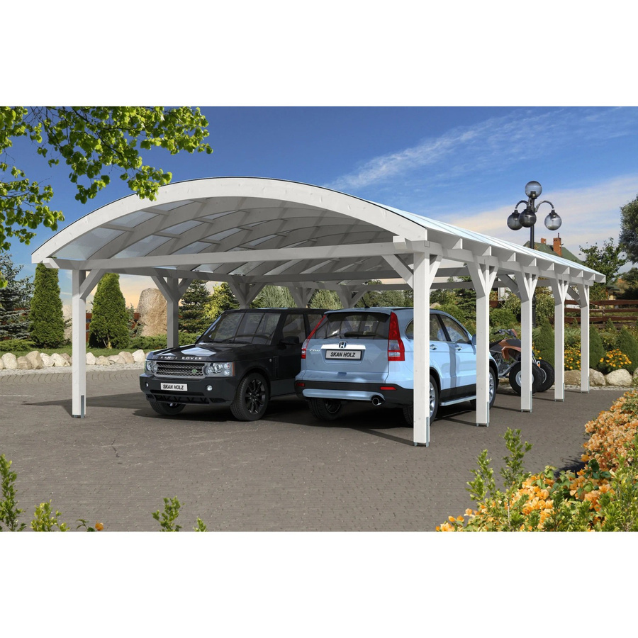 Skan Holz Carport Franken Bogendach aus Fichte Leimholz in Weiß mit Doppelstegplatten, B/T: 635 x 969 cm, Höhe: 325 cm - Bild 2