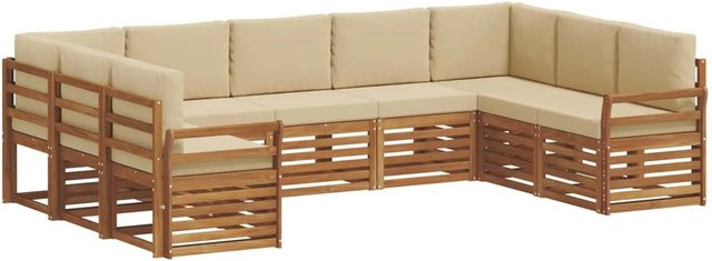 vidaXL Sofagarnitur aus Massivholz Akazie in Natur und Beige, 9-teiliges U-Form Set mit Polstern und Kissen - Bild 1