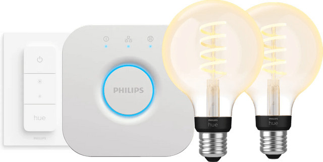 Philips Hue Filament White Ambiance Globe LED Starterset mit Bridge, 2 dimmbare E27 Glühbirnen im Doppelpack, transparent - Bild 1