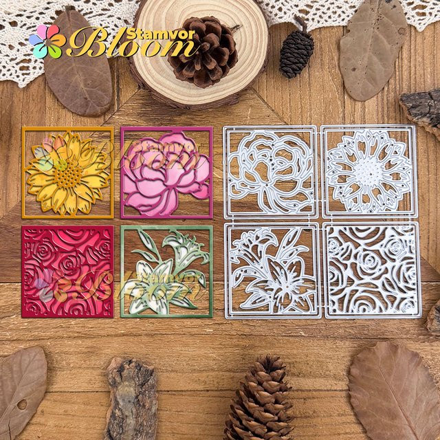 Quadratische Metall-Stanzform mit Blumenmotiven für Scrapbooking und dekorative Prägung - Bild 1