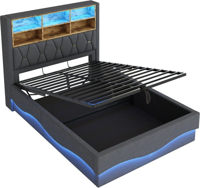 Merax Polsterbett mit Hydraulik, LED-Beleuchtung und USB-Anschluss, Farbe Grau, B/T/H: 140 x 200 x 131 cm - Bild 1