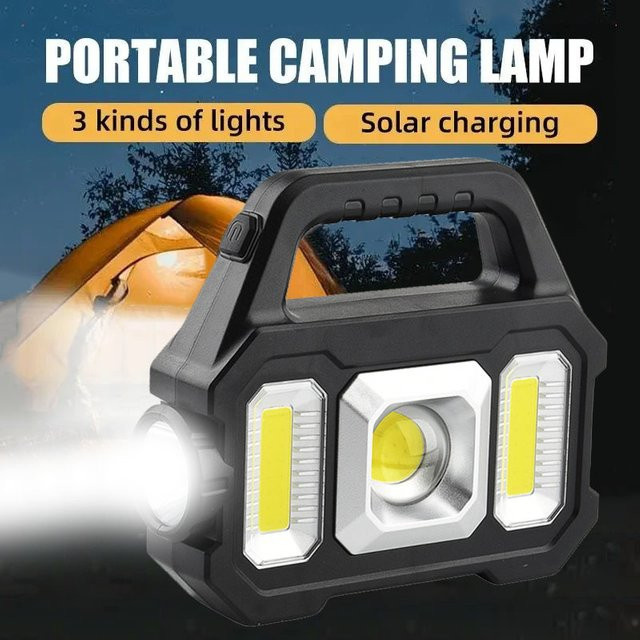 XIWANGFIRE LED/COB Notfall-Taschenlampe mit Solarfunktion und USB-Aufladung, IPX4 wasserdicht, Schwarz - Bild 1