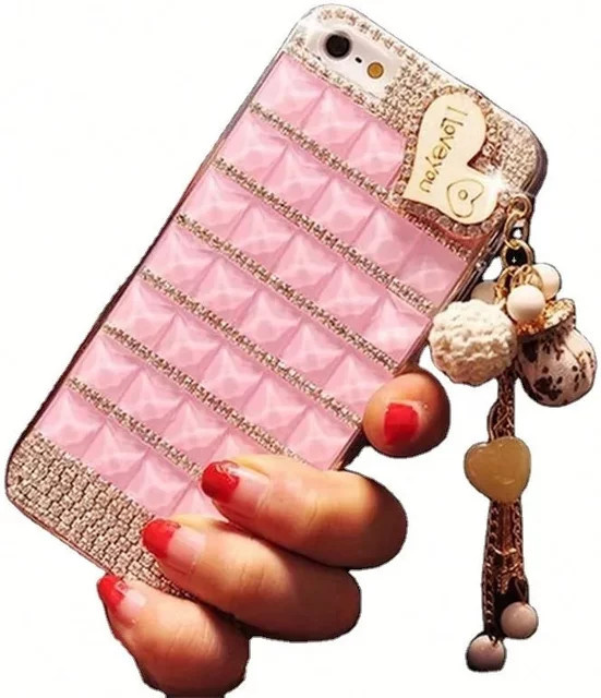 LaMaDiaa Handyhülle mit Herz-Schlüsselanhänger und Diamant-Strass in Pink für iPhone 16 Pro Max, 15 Plus, 14, 13, 12, 11 Pro Max – Luxus Bling Cover - Bild 1