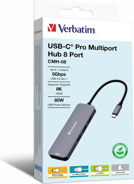 Verbatim USB-C Pro Multiport Hub CMH-08 mit 8 Anschlüssen, HDMI, USB-A 3.2 Gen 1 und SD-Kartenleser - Bild 1