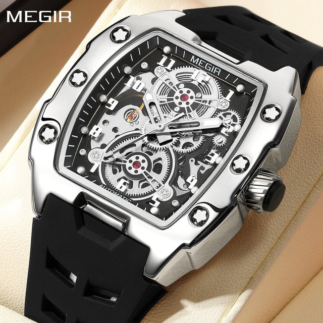 MEGIR Armbanduhr Automatik, Tonneau, 43 mm, Blau, Silikon, Herren - Bild 1