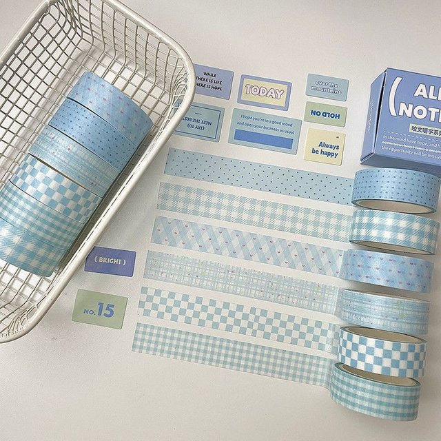 MINKYS Washi Tape Set mit 6 Rollen im Grid-Stil, Blau und Orange, kreatives Dekoband für Schule und Schreibwaren - Bild 1