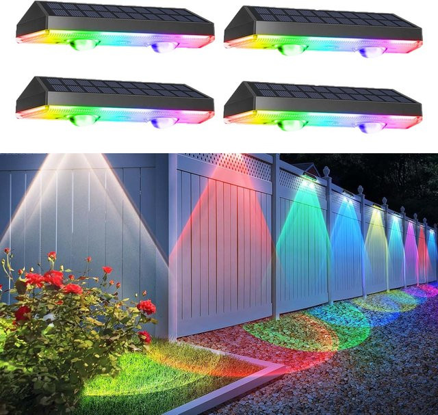Crepow 4er Set Solar Zaunleuchten mit RGB Farbwechsel, IP65 wasserdichte LED Außenleuchten in Schwarz für Garten, Terrasse, Balkon und Treppen - Bild 1