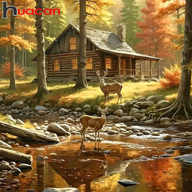 Huacan Diamantgemälde Hirschhaus Landschaft als Diamantmosaik Komplettset in Mehrfarbig mit herbstlichem Motiv - Bild 1