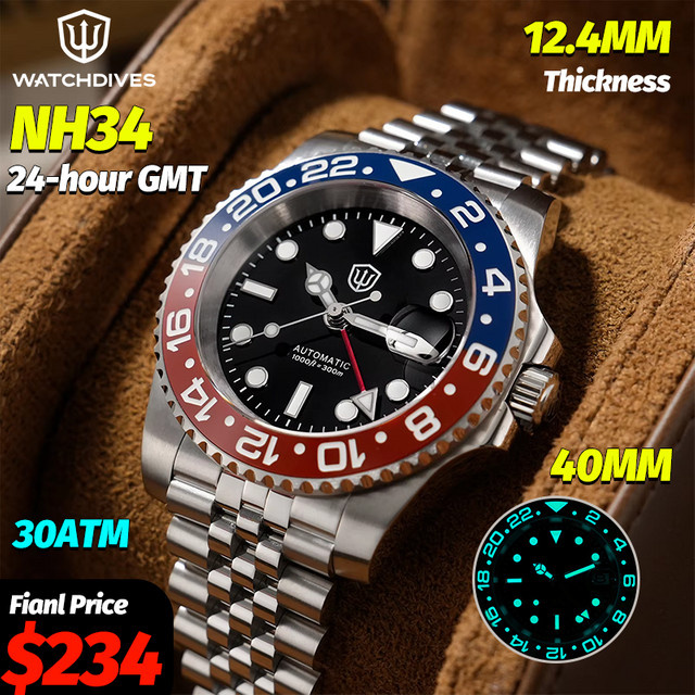 Watchdives GMT-Taucheruhr, Automatik, Edelstahl, Saphirglas, 30 ATM, Unisex - Bild 1