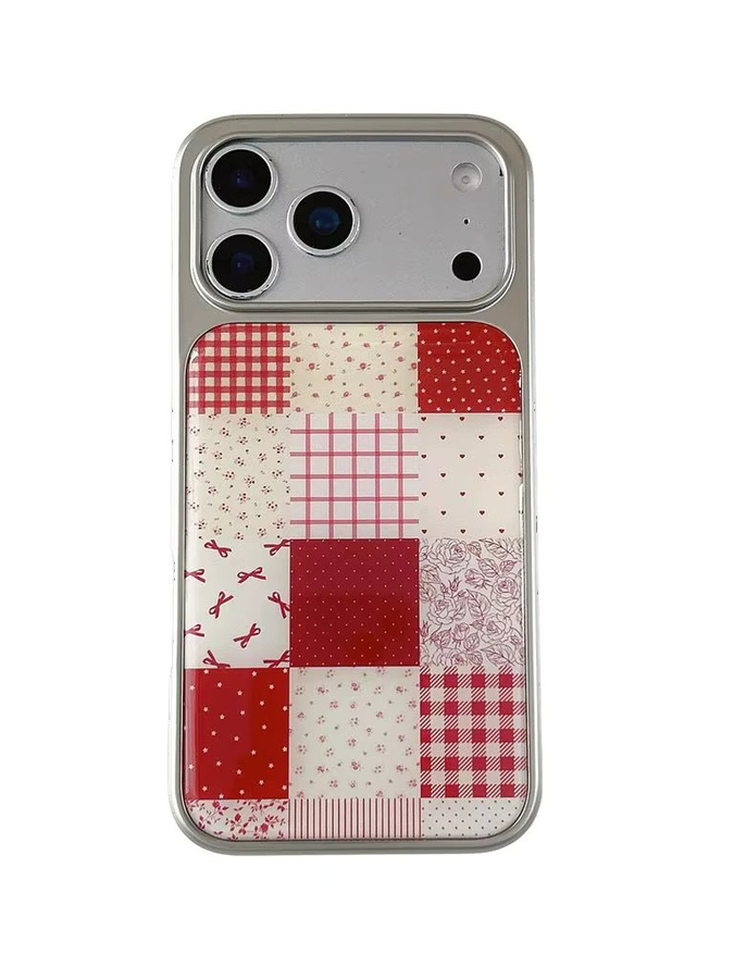 Handyhülle im Retro-Design mit Spleißmuster, Gitter, Blumen und Schleifen für iPhone 17 16 15 14 Pro Max, rot/mehrfarbig - Bild 7