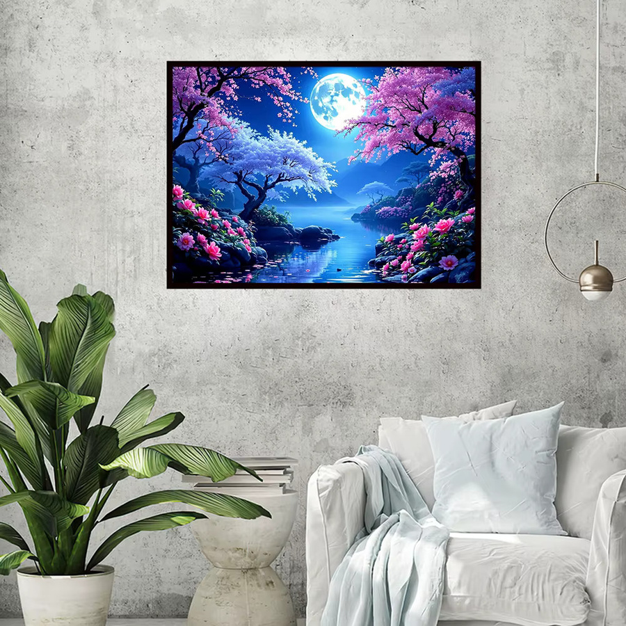 EverShine Diamant-Stickerei Landschafts-Mosaik mit Kirschblüten und Mond, Wanddekoration in Multicolour, B/H: 30,0 x 20,0 cm - Bild 3