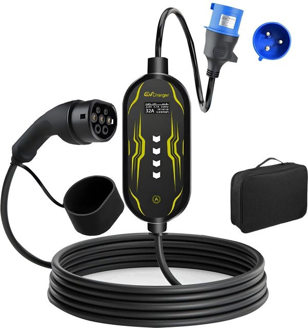 Junsun EV Ladegerät 7kW mit 5m Type 2 Kabel, Smart App Steuerung via Wi-Fi und Bluetooth, 1-phasig 11-32A, Schwarz-Blau inklusive Tasche - Bild 1
