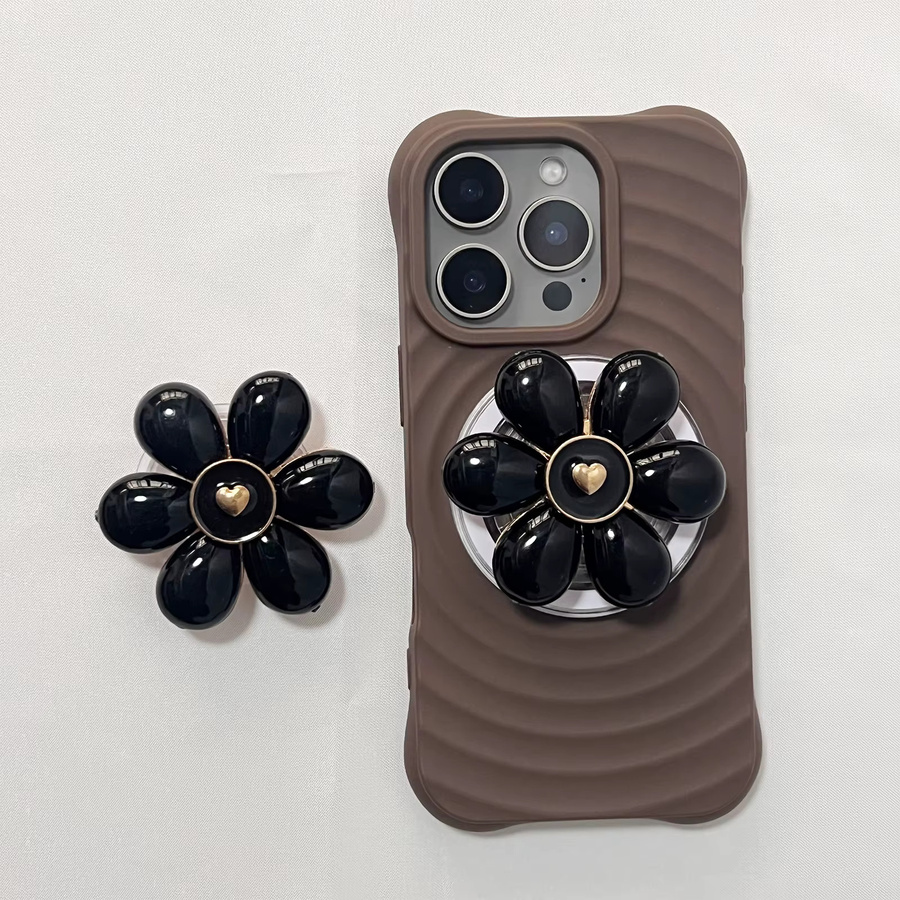 Handyhülle mit Grip Tok und Metall-Handyhalter im Cartoon-Design mit Sechsblatt-Blume für iPhone 17 und iPhone 16 Pro Max, Farbe: Beige - Bild 1