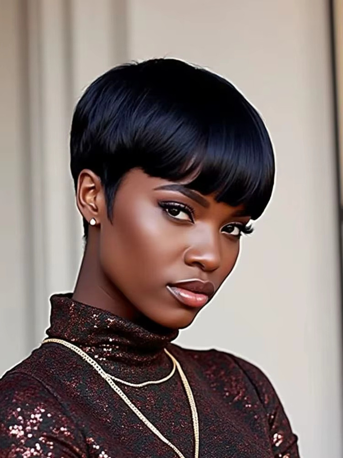 OYM HAIR Echthaar-Perücke, brasilianischer Pixie-Schnitt mit Pony, Damen - Bild 6