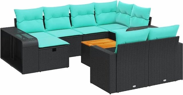 vidaXL 11-tlg Garten-Sofagarnitur aus Poly-Rattan und Akazienholz in Schwarz mit Kissen - Bild 1