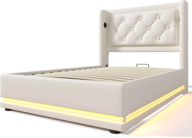 okwish Polsterbett Weiß mit Matratze, LED-Beleuchtung, USB-Anschluss und Stauraum durch Hydraulik, B/T/H: 90 x 200 x 101 cm - Bild 1