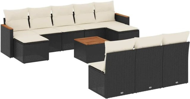 vidaXL 11-tlg. Garten-Sofagarnitur in L-Form mit Kissen und Polyrattan, Schwarz - Bild 1
