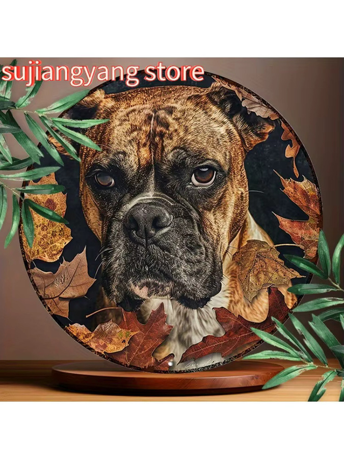 Rundes Aluminiumschild Potdemiel mit Boxer-Hund und Herbstblättern als Metall-Wanddekoration, Durchmesser: 20,32 cm, Mehrfarbig - Bild 5