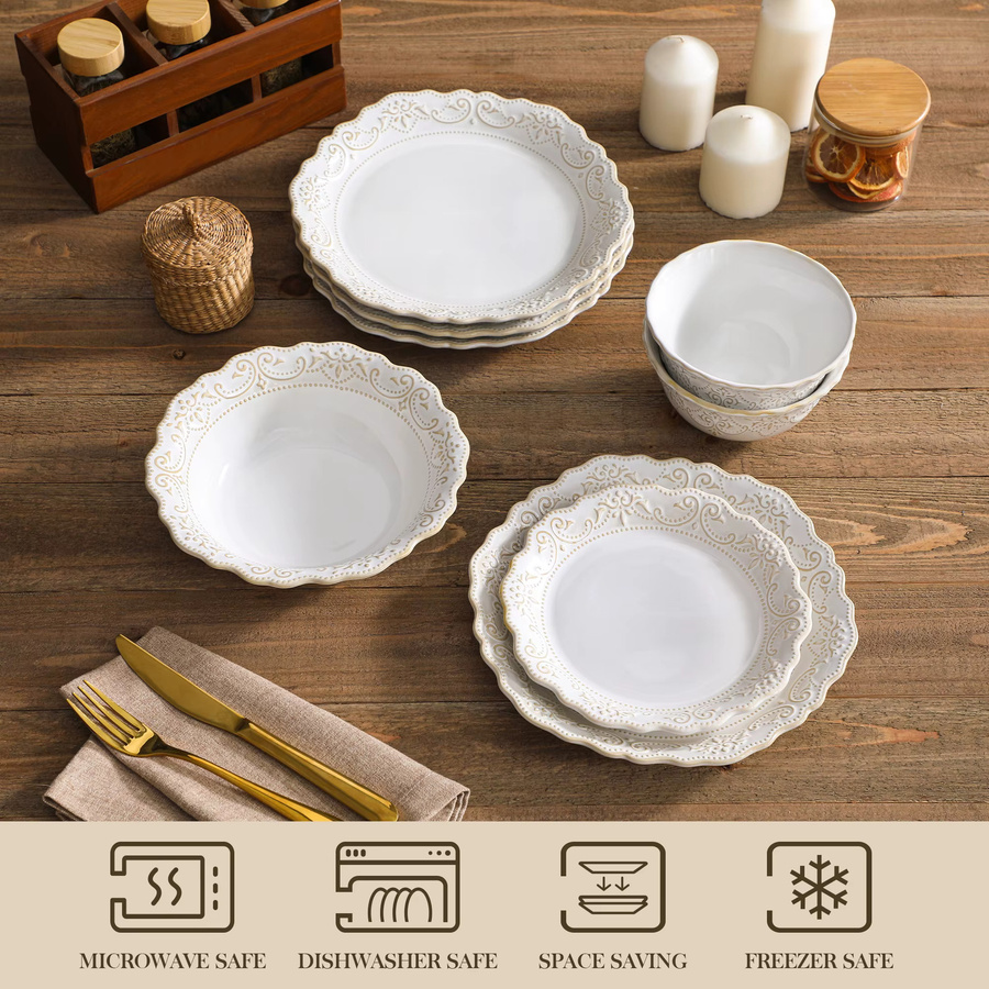 MALACASA Geschirrset aus weißem Steinzeug mit Relief-Design, 16/32-teiliges Dinner-Service Set bestehend aus Speisetellern, Desserttellern, Müslischalen und Suppenschüsseln, Farbe: Weiß - Bild 2