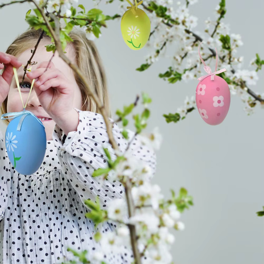 12 Stück bunte Ostereier von TOPINCN als dekorative Aufhänger aus Kunststoff mit floralem Design und Seidenband - Bild 2