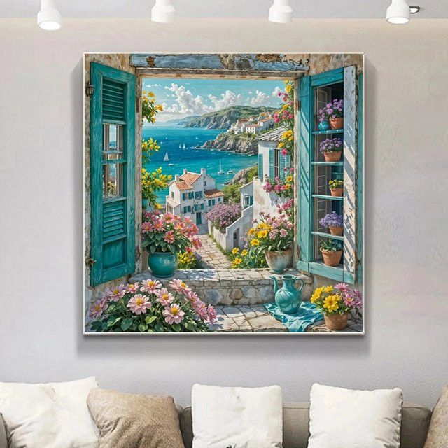 Potdemiel DIY Diamond Painting Set Küstenstadt Landschaft mit runden Mosaik Steinen - Bild 1