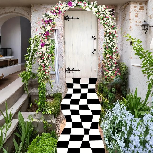 VIKAMA Fairyland Karierter Läufer-Teppich, schwarz-weiß, rutschfest, modern und dekorativ für Garten und Zuhause - Bild 1