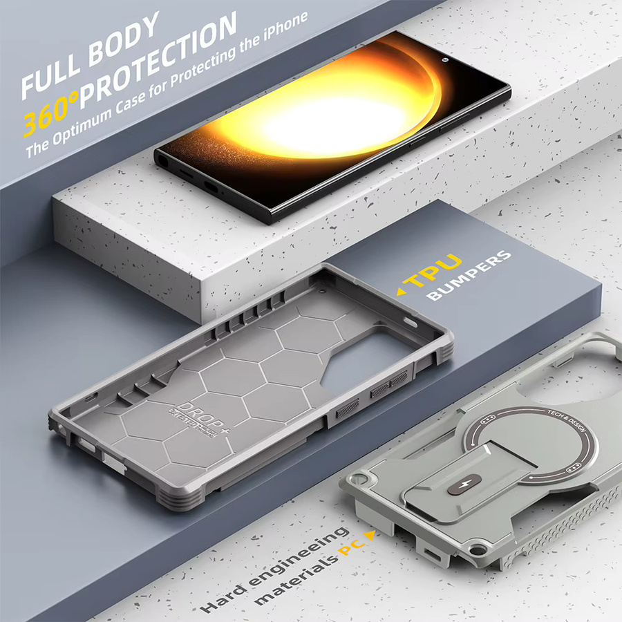Magnetische Armor Schutzhülle für Samsung Galaxy S26 Ultra, S26 Plus Edge und S26 Fold mit Standhalterung und Unterstützung für kabelloses Laden in Schwarz und Grau - Bild 3