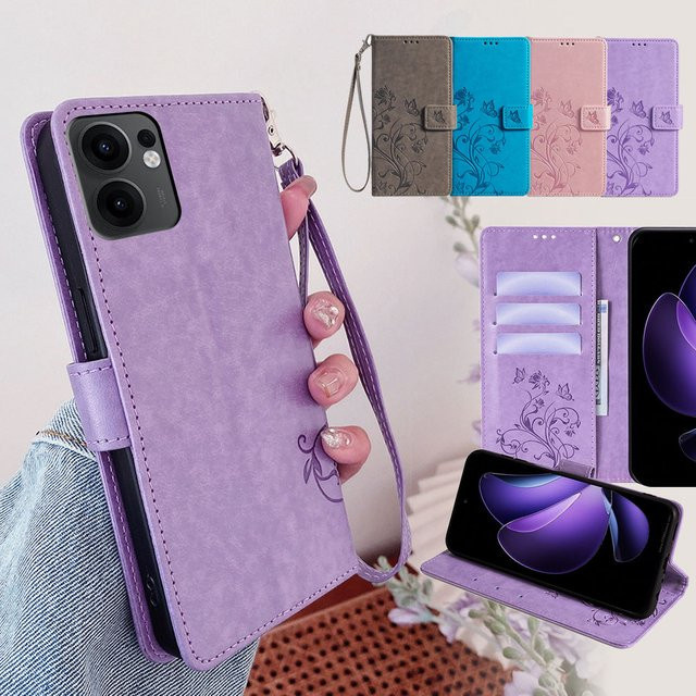 Stoßfeste Leder-Brieftaschenhülle für OPPO Reno 13 Pro, 12, 11, 13F, 11F, 12F, F25, 10, 8 Pro, Reno 12 FS, 8Z, 8 Lite in Grau und Lila - Bild 1