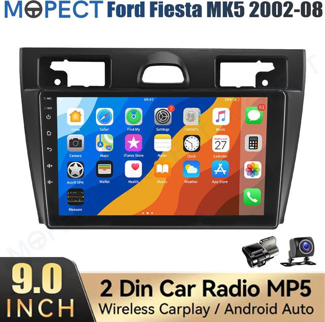 MOPECT 9-Zoll-Autoradio für Ford Fiesta Mk5 2002-2008 mit kabellosem CarPlay, WiFi, Bluetooth, GPS-Navigation, DAB und AHD, 4+64GB, Schwarz - Bild 1