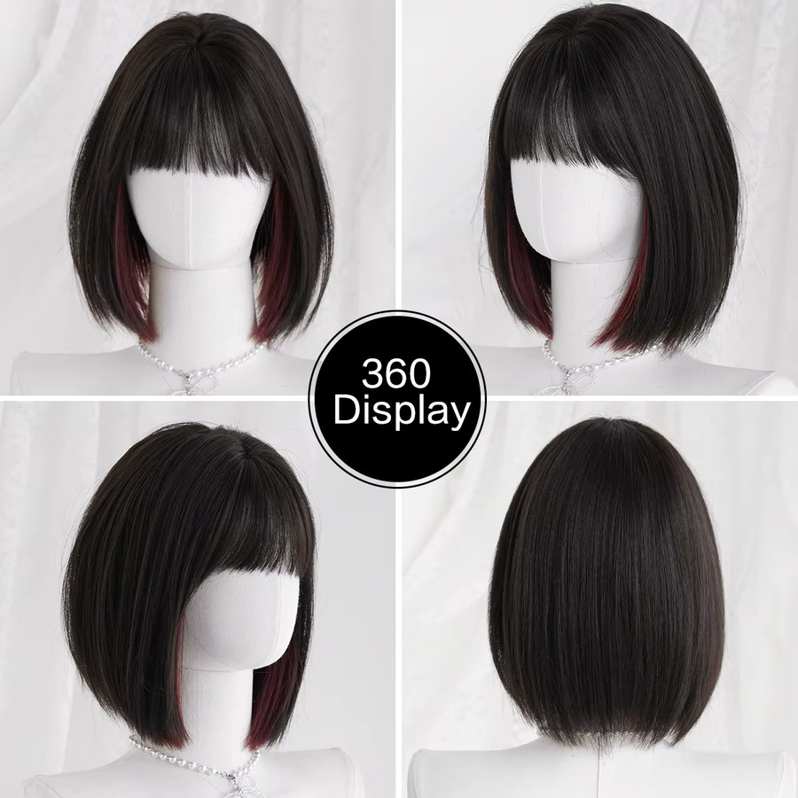 7JHH WIGS Perücke, kurz, glatt, schwarz mit dunkelroten Highlights, Damen - Bild 3