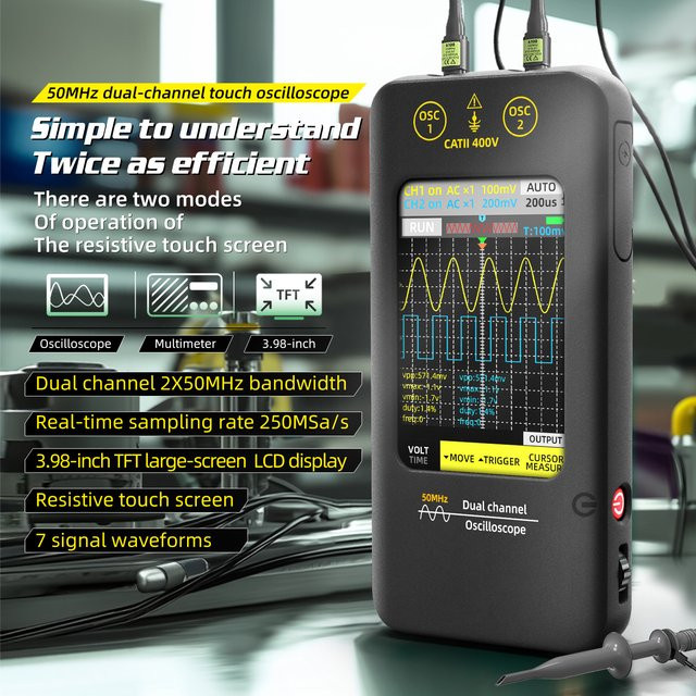 BSIDE Digitales Touchscreen-Oszilloskop mit Signalgenerator, Zweikanal-Bandbreite 50 MHz, Abtastrate 250 MSa/s, 3,98 Zoll TFT, Schwarz - Bild 1