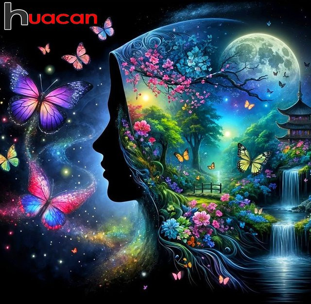 Huacan Diamantmalerei Set mit Porträt einer Frau in einer Wasserfall-Landschaft, Multicolour, Wanddekoration - Bild 1