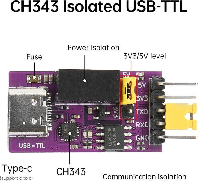 CH343 Isolierter USB-zu-TTL-Downloader mit Typ-C Anschluss, 3,3 V/5 V, UART-Download-Modul in Lila, 6 Mbit/s Hochgeschwindigkeitskommunikation - Bild 1