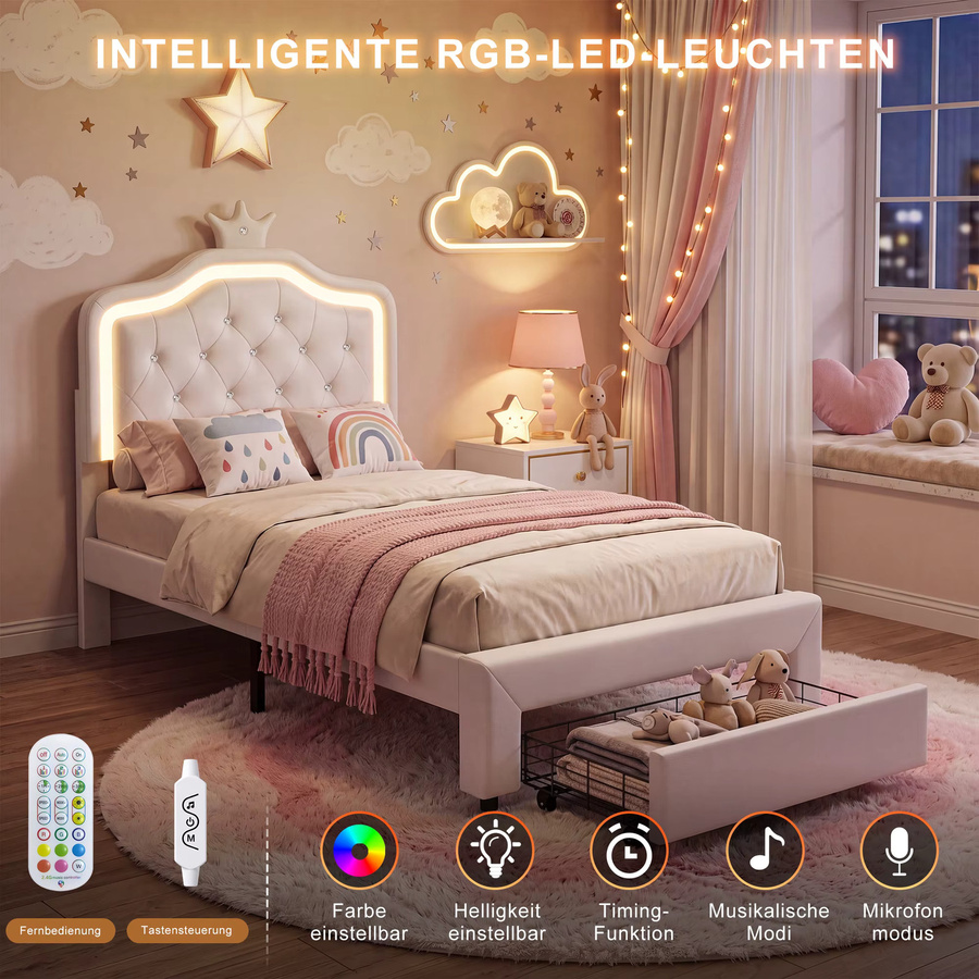 Rosahqnda Kinderbett mit Prinzessinnen-Kronen-Design, Einzelbett mit LED-Kopfteil und Schublade, Farbe: Weiß, B/T/H: 140 x 200 cm - Bild 2