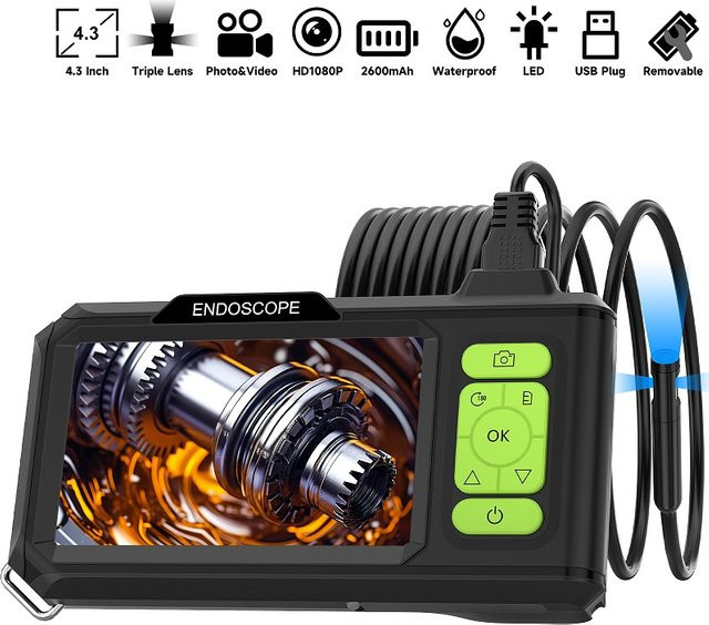 Endoskop Video USB Kamera mit 4,3 Zoll IPS Bildschirm, HD1080P Auflösung, 5,0 MP Autofokus und Single Dual Triple Objektiv in Schwarz - Bild 1