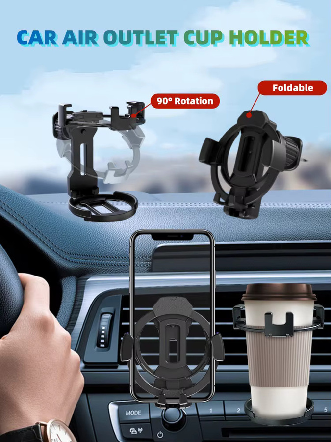 2 in 1 Universeller Autotelefonhalter und Getränkehalter mit 90 Grad Drehung und faltbarer Funktion, Schwarz - Bild 6