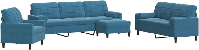 vidaXL 4-teilige Sofagarnitur aus Samt in Blau mit 3-Sitzer-Sofa, 2-Sitzer-Sofa, Sesseln, Fußhocker und Nackenkissen - Bild 1